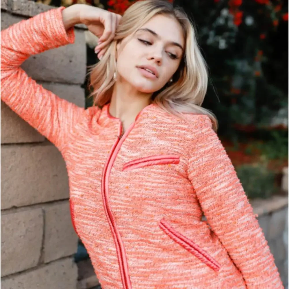 Orange Vintage Tweed Long Sleeve Front Zip-Up Detail Jacket With Pockets - Picture 4 of 16